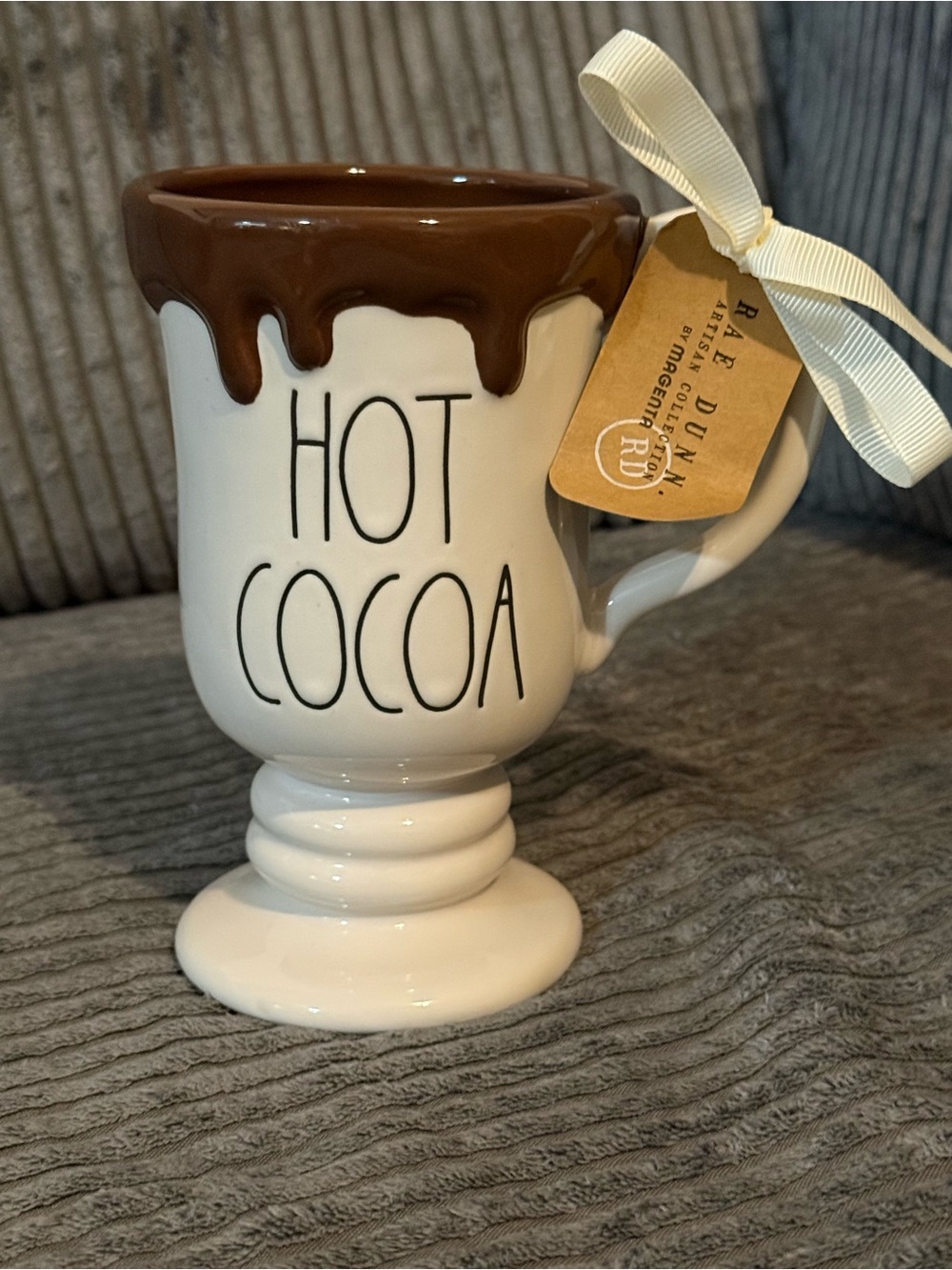 Rae Dunn White Pedestal Mug with Brown Drip Glaze - HOT COCOA - NWT